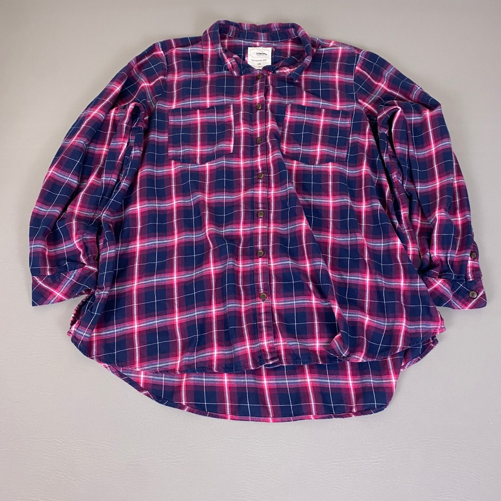 Sonoma Flannel Shirt Women's Plus Size 1X Plaid Everyday Shirt Navy Pink